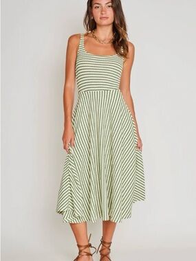 dRA Los Angeles Audrey Fit & Flare Tank Pistachio Cream Stripe Midi Dress, Large